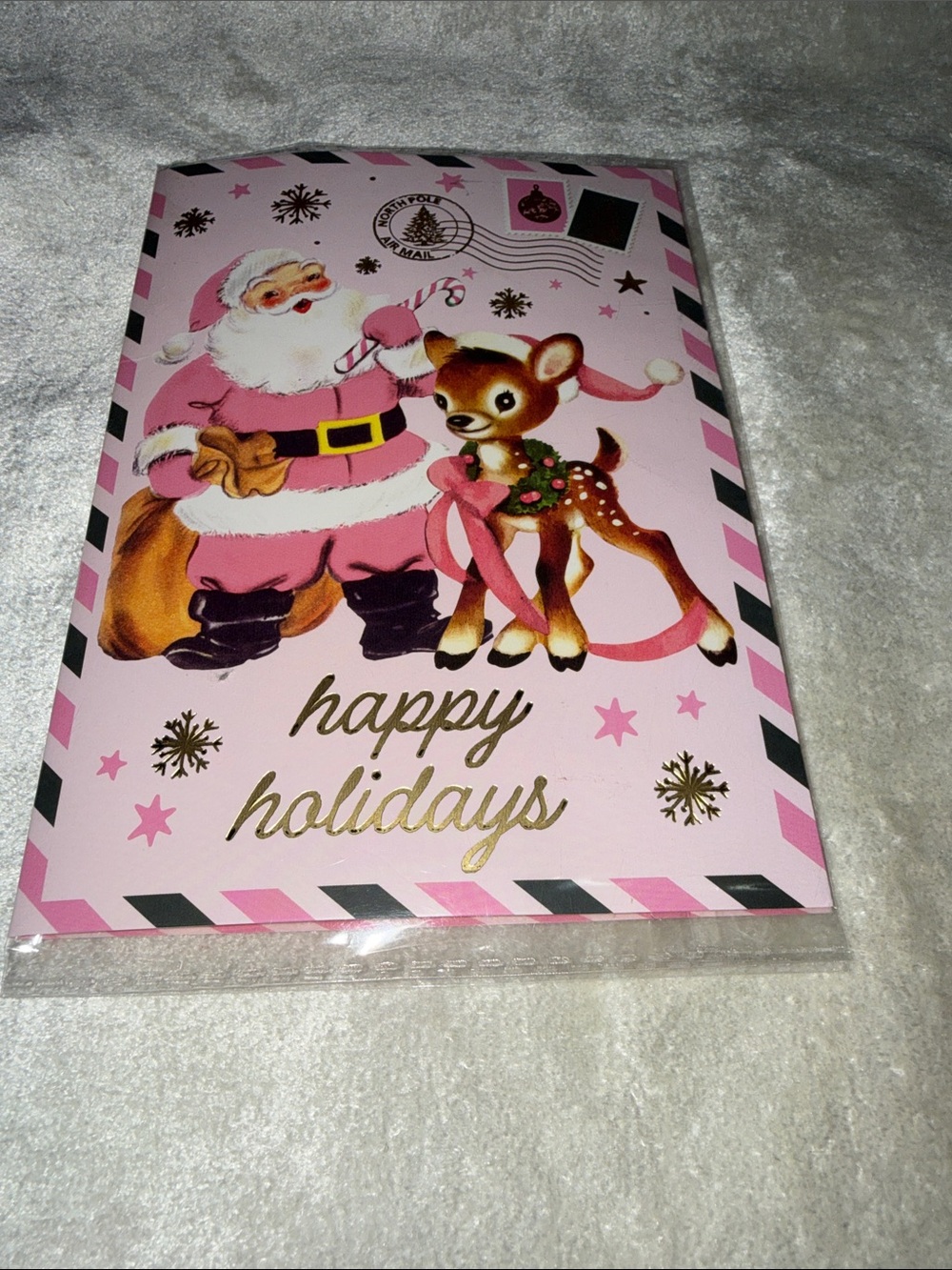 Happy Holidays Pink Santa & Reindeer Holiday Card